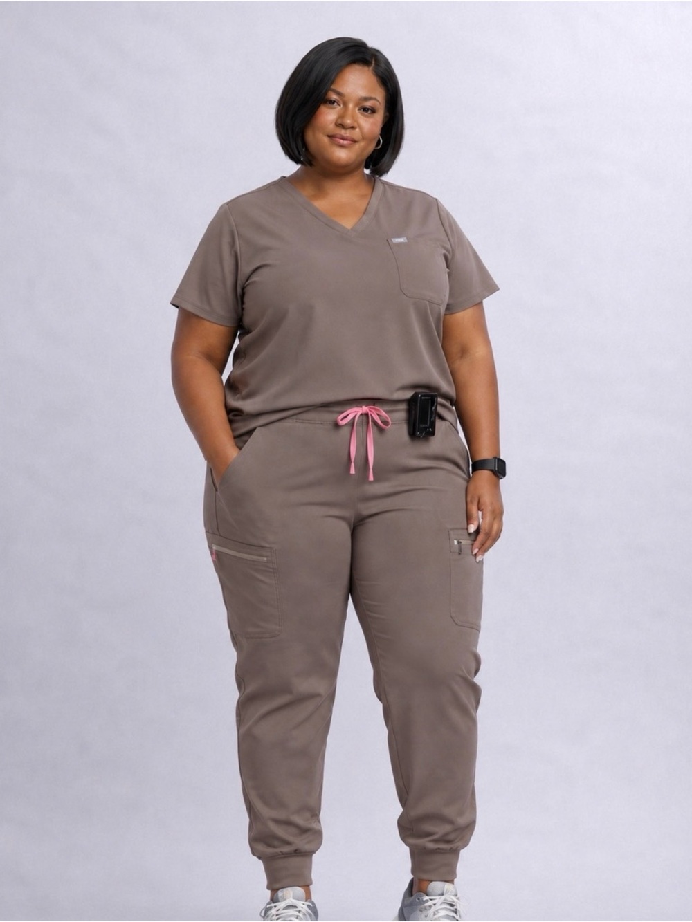 Figs Catrina Top and Zamora Women's Taupe Scrub jogger with Pink SET 4XL
